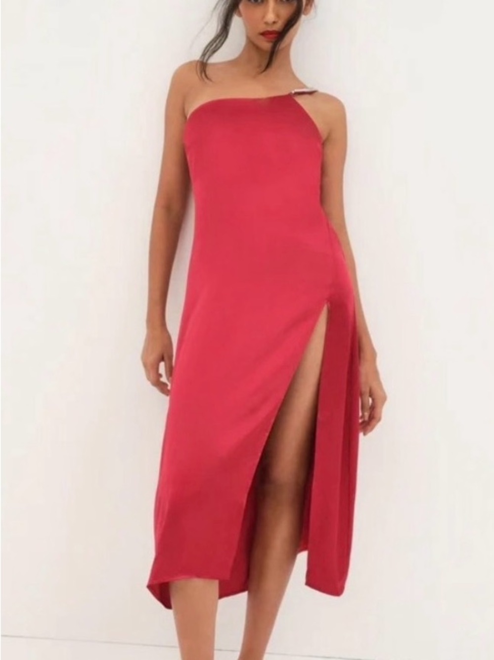 For Love & Lemons One-Shoulder Red Midi Dress with Side Slit